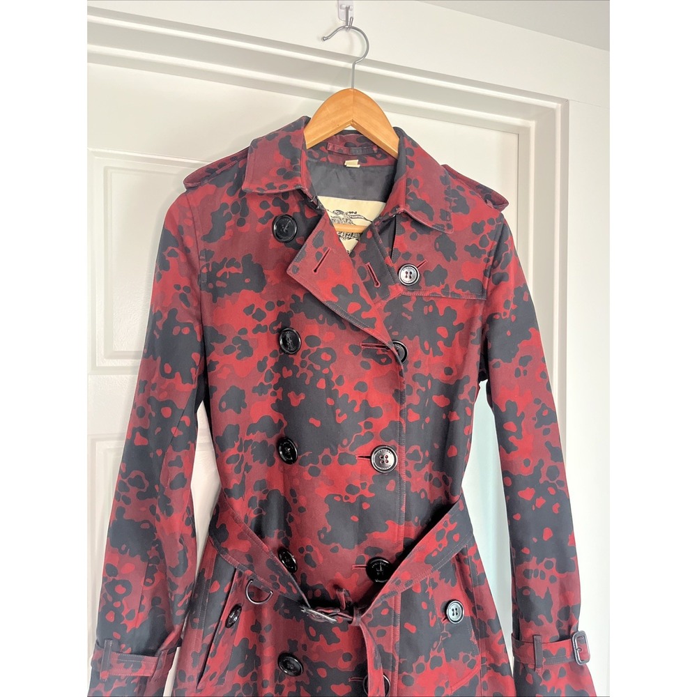 Burberry London Peacoat Double Breasted Cotton Red Black Camouflage 10 Luxury - Picture 3 of 16